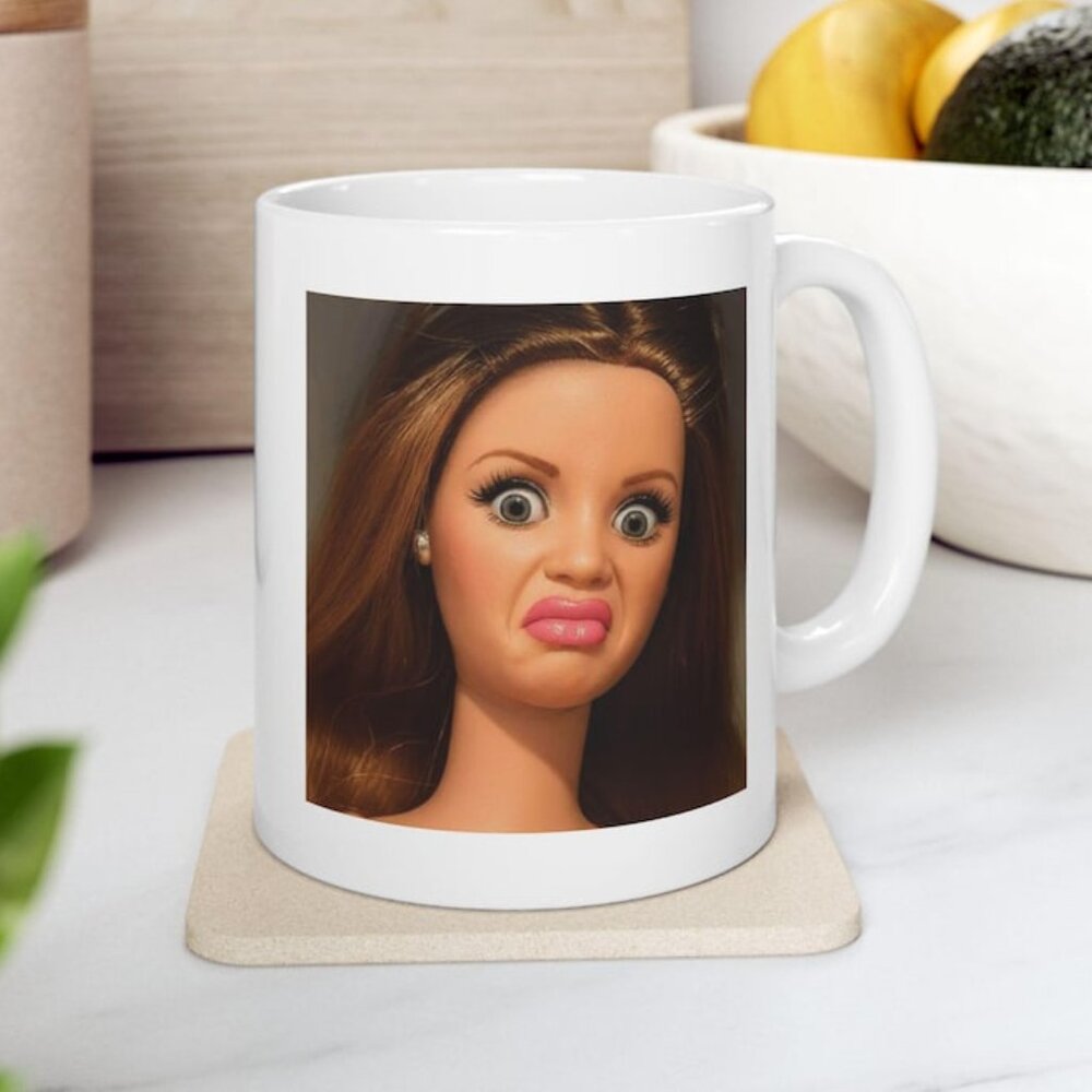 Funny Doll Face Mug, Disgusted Barbie Meme Coffee Cup, Sarcastic Reaction Gift73